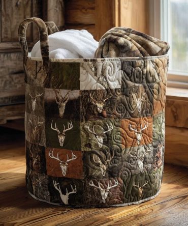 Echo Of The Hunt Quilted Laundry Hamper — Luxe Camouflage-Pattern Foldable Fabric Basket With Handles For Stylish Rustic Home Organization