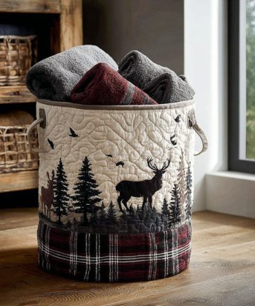 Echoes Of The Hunt Quilted Laundry Hamper — Hunting Lodge Fabric Storage Basket, Collapsible Camouflage-Inspired Laundry Organizer