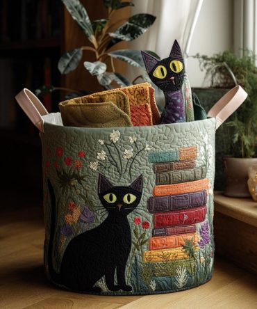 Eclipse Cat Quilted Laundry Hamper — Modern Black Cat Motif Foldable Fabric Basket, Spacious Durable Organizer For Stylish Homes