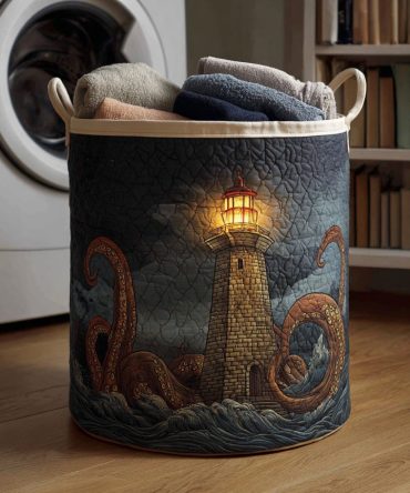 Eerie Lighthouse Quilted Fabric Laundry Hamper — Moody Coastal Foldable Laundry Basket With Handles For Coastal Gothic & Halloween Decor