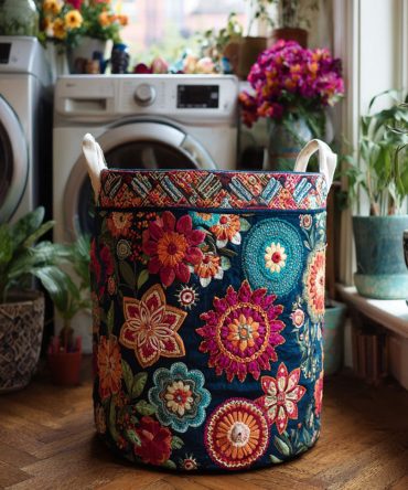 Elegant Boho Quilted Laundry Hamper — Designer Bohemian Pattern Fabric Basket With Handles, Foldable Decorative Storage Bin