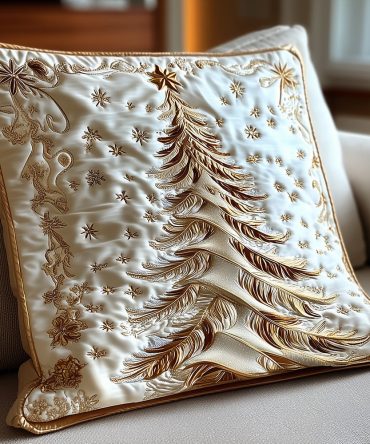 Festive Quilted Christmas Throw Pillow Cover With Embroidered Tree Motif — Soft Cotton-Blend, Hidden Zipper, Machine-Washable Holiday Accent