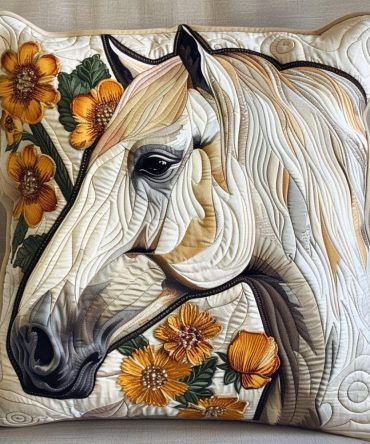 Luxurious Quilted Throw Pillow Cover With Elegant Floral Horse Artwork — Soft, Machine-Washable Decorative Sham With Hidden Zipper