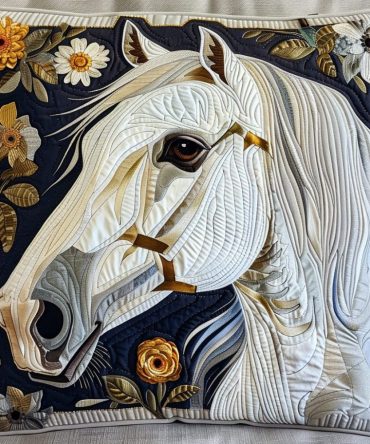 Premium Quilted Pillow Cover With Delicate Floral Horse Motif — Decorative Throw Sham, Soft Cotton-Blend, Machine Washable With Hidden Zip