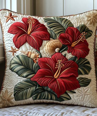 Elegant Hibiscus Quilted Pillow Cover — Timeless Floral Accent, Soft Quilting, Durable & Machine Washable Decorative Case