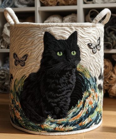Elegant Paws Quilted Laundry Hamper — Refined Cat Motif Foldable Basket With Handles , Stylish Bedroom & Guest Room Organizer
