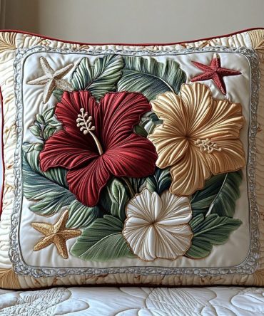 Elegant Red Hibiscus Quilted Pillow Cover — Bold Tropical Accent, Plush Quilting, Machine Washable Decorative Cushion Case