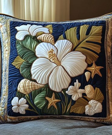 Elegant White Hibiscus Quilted Pillow Cover — Tropical Floral Accent, Luxurious Quilting, Machine Washable Decorative Case