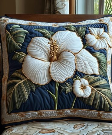 Elegant White Hibiscus V2 Quilted Pillow Cover — Refined Tropical Floral Accent, Soft Quilting, Easy-Care Decorative Sleeve