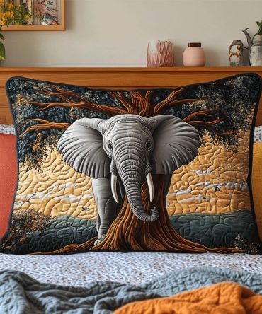 Elephant Baobab Quilted Pillow Cover — African Safari Motif Sham, Textured Quilting, Earth-Tone Accent For Global & Boho Interiors