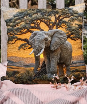 Elephant & Baobab Quilted Pillow Cover — African Safari Decorative Throw Case, Exotic Animal Print With Soft Quilted Texture