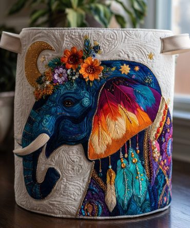 Elephant Dreams Quilted Laundry Hamper - Large Soft Cotton Storage Basket With Handles For Nursery & Home