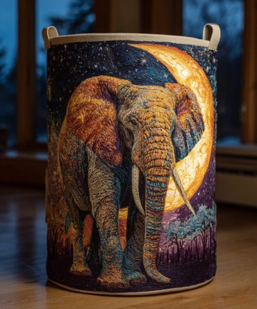 Elephant Glory Quilted Laundry Basket – Exotic Animal Print Fabric Hamper, Lightweight Foldable Clothes Organizer With Carry Handles
