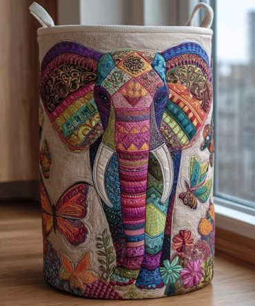 Elephant Harmony Quilted Laundry Hamper — Stylish Fabric Laundry Basket With Handles, Collapsible & Heavy-Duty Quilted Design