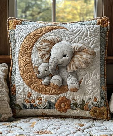 Elephant Moonlight Quilted Pillow Cover — Dreamy Nighttime Safari Decorative Throw Pillowcase For Nursery, Bedroom & Cozy Corners