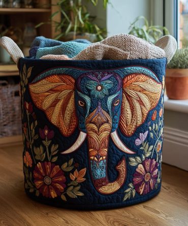 Elephant Vista Quilted Storage & Laundry Basket — Stylish Large Fabric Hamper For Nursery, Kids’ Room Or Decorative Home Storage