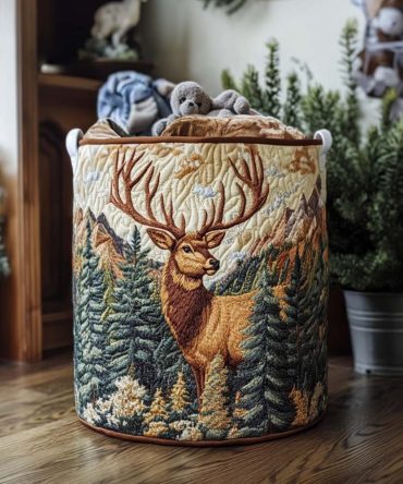 Elk Forest Mist Quilted Laundry Hamper — Rustic Woodland Fabric Basket, Collapsible Heavy-Duty Laundry Storage With Handles