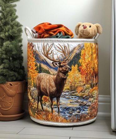 Elk Nature Path Quilted Storage Hamper - Foldable Laundry Basket With Reinforced Handles For Home, Cabin & Dorm Rooms