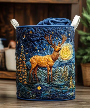 Elk In Pines Quilted Laundry Basket - Collapsible Nature-Themed Storage Hamper For Clothes, Linens & Gifts