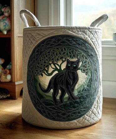 Emerald-Eyed Spirit Quilted Laundry Hamper — Green Cat Accent Storage Basket, Collapsible Durable Fabric For Stylish Rooms