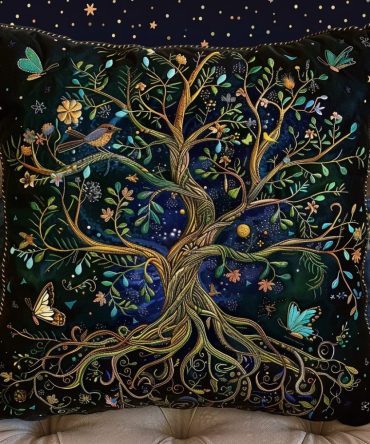 Emerald Tree Of Life Quilted Pillow Cover — Green Botanical Cushion For Spiritual, Bohemian & Nature-Inspired Home Décor