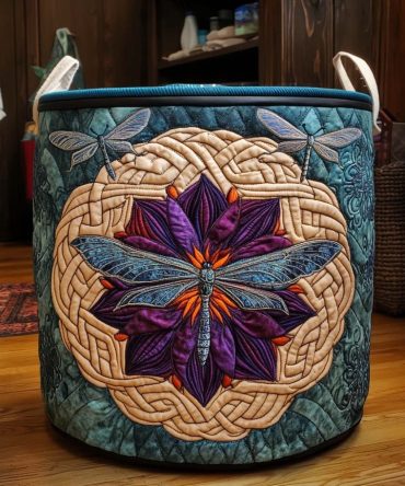 Emerald Quilted Laundry Hamper — Emerald Dragonfly Print , Large Foldable Decorative Fabric Basket With Handles, Durable & Washable
