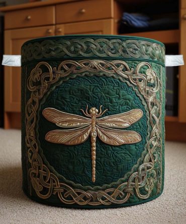 Emerald Dragonfly Quilted Laundry Hamper — Elegant Foldable Fabric Basket With Nature Motif, Lightweight & Machine-Friendly