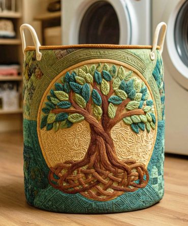 Emerald Tree Quilted Laundry Hamper — Botanical Green Fabric Storage Bin, Decorative Clothes & Blanket Basket With Durable Handles