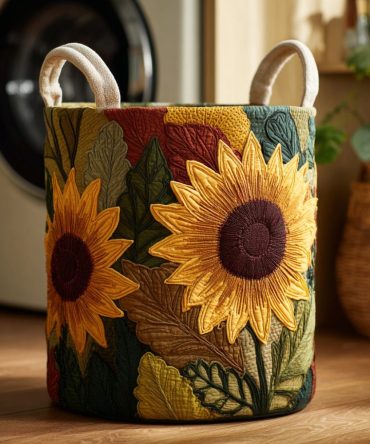 Emerald Sunflower Quilted Laundry Hamper — Bold Green Fabric Basket With Handles, Collapsible & Roomy Laundry Organizer For Home