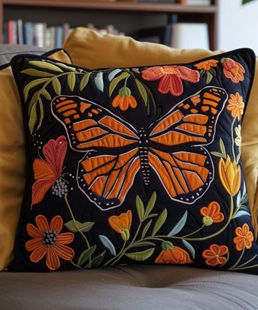 Enchanted Butterfly Quilted Pillow Cover — Elegant Decorative Throw Sham With Delicate Butterfly & Floral Design, Quilted Cotton-Blend, Machine Washable