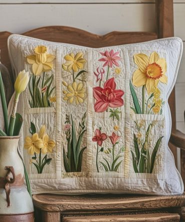Enchanted Garden Quilted Throw Pillow Cover — Botanical Floral Accent, Soft Decorative Pillowcase For Living Room & Bedroom Decor
