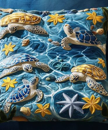 Enchanted Turtle Garden Quilted Decorative Pillow Cover — Whimsical Marine Floral Throw Pillowcase, Soft Texture, Machine Washable