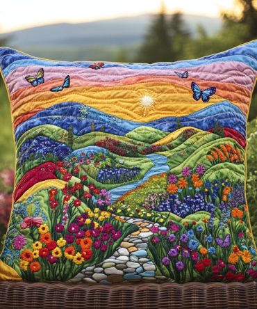 Enchanted Bloom Walk Quilted Pillow Cover — Dreamy Floral Path Cushion Sham, Soft Botanical Accent For Sofa & Bedroom Styling
