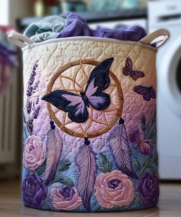 Enchanted Butterfly Quilted Laundry Hamper — Charming Floral Fabric Basket For Nursery, Kids Or Bedroom Storage