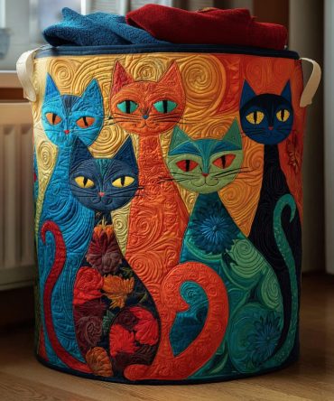 Enchanted Cats Quilted Laundry Hamper – Playful Feline Motifs, Quilted Fabric Basket With Handles For Convenient Foldaway Storage