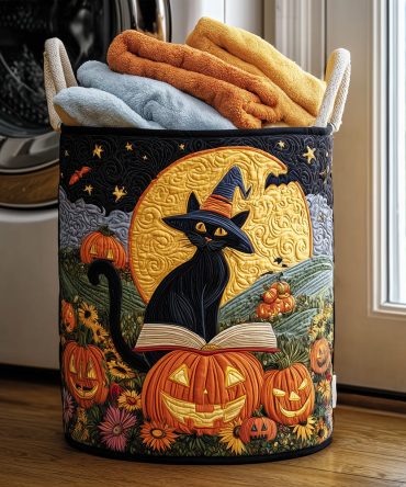 Enchanted Feline Quilted Laundry Hamper — Mystical Cat Print Foldable Laundry Basket With Handles, Durable & Washable