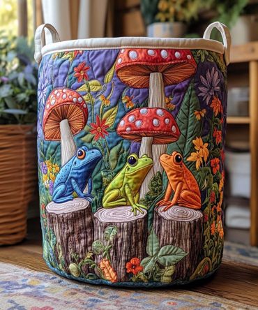 Enchanted Forest Shrooms Quilted Laundry Hamper — Forest-Inspired Collapsible Laundry Basket For Kids & Home, Durable Padded Storage With Handles