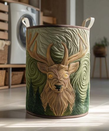 Enchanted Forest Stag Quilted Laundry Hamper – Collapsible Large Fabric Basket With Woodland Stag Print & Reinforced Handles For Rustic Decor