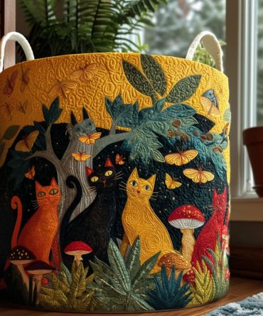 Enchanted Kitty Grove Quilted Laundry Hamper — Cute Collapsible Fabric Basket For Kids, Decorative Bedroom Storage