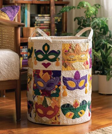 Enchanted Masked Companions Quilted Laundry Hamper - Mystical Cat Mask Print Collapsible Basket For Magical, Decorative Storage