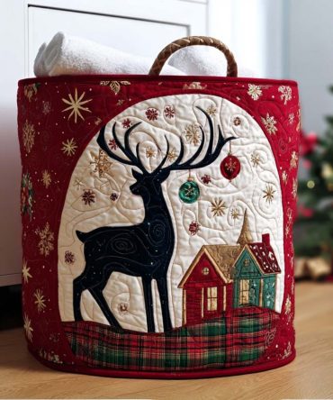 Holiday Enchanted Reindeer Quilted Laundry Hamper — Foldable Cotton Fabric Storage Basket With Handles For Bedroom, Nursery & Gifts