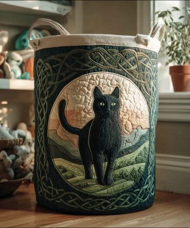 Enchanted Whiskers Quilted Laundry Hamper — Whimsical Cat-Themed Fabric Basket With Handles, Collapsible For Small Spaces