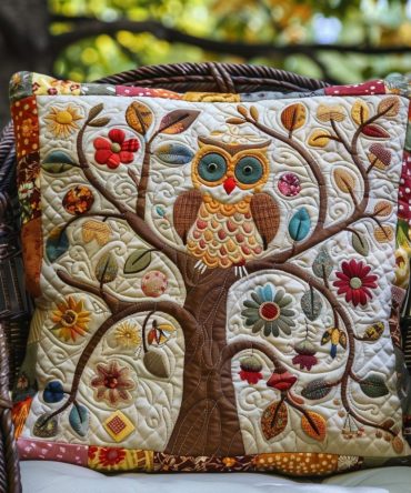 Enchanting Owl Quilted Pillow Cover — Elegant Nighttime Owl Illustration, Quilted Sham, Soft Cozy Cotton Blend For Bedroom & Nursery
