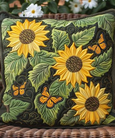 Vibrant Sunflower Quilted Throw Pillow Cover - Decorative Floral Pillowcase For Couch, Bedroom & Gift