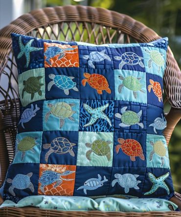Enchanting Turtle Quilted Pillow Cover - Whimsical Sea Turtle Art, Soft Cotton Throw Pillowcase, Lightweight Machine-Washable Home Accent