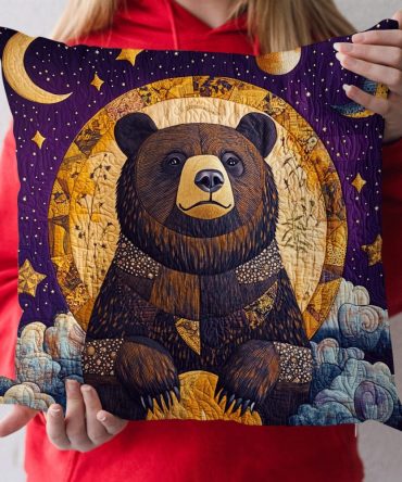 Enchanted Bear Quilted Decorative Pillow Cover — Whimsical Woodland Bear Throw Pillowcase, Soft Textured Accent For Nursery, Kids Room & Cabin