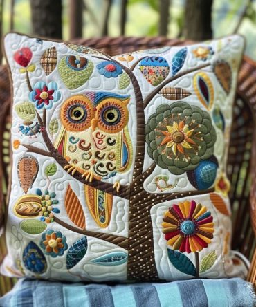 Endearing Owl Quilted Throw Pillow Cover — Charming Woodland Owl Design, Lightweight Quilted Sham For Cozy Kids' Rooms & Nurseries