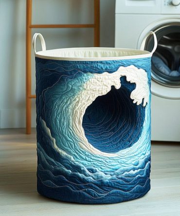 Endless Waves Quilted Laundry Hamper — Nautical Foldable Laundry Basket With Wave Motif, Durable Cotton Storage For Bath & Bedroom
