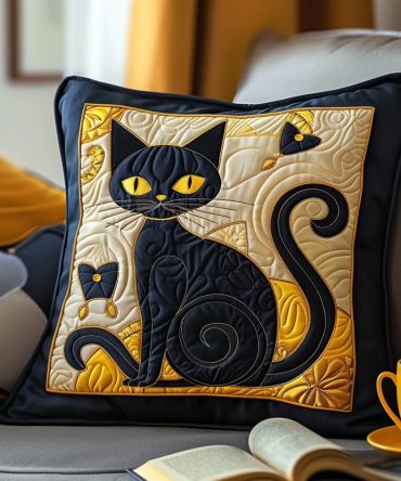 Mystic Cat Silhouette Quilted Pillow Cover — Dark Feline Art, Subtle Shadow Design, Soft Decorative Throw For Modern Home