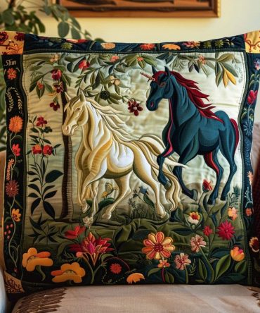 Mystical Horse Quilted Throw Pillow Cover — Artistic Equine Decorative Pillow Case For Equestrian Lovers, Boho Accent, Soft Quilted Fabric
